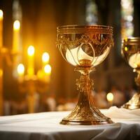 Close up of Holy Chalice with customizable space for text or prayers. photo