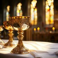 Golden Holy Chalice with customizable space for text or prayers. photo