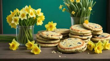 AI generated March 1, St. Davids Day, traditional cookies, yellow daffodils photo