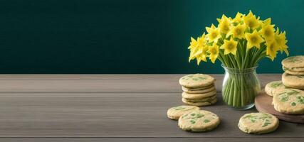 AI generated March 1, St. Davids Day, traditional cookies, yellow daffodils in a vase, banner, place for text photo