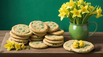 AI generated March 1, St. Davids Day, traditional cookies, yellow daffodils in a jug photo