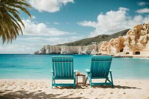 ai generado paraíso playa con blanco arena y Coco palmas viaje turismo amplio panorama antecedentes. ai generativo foto