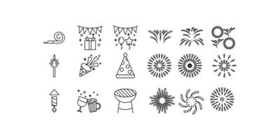 icono conjunto contento nuevo año, regalo caja, globo, confeti, cerveza, aplausos, ruido Maker,barbacoa,parte sombrero,fuegos artificiales,fuego galleta,aislado blanco antecedentes con línea estilo. vector