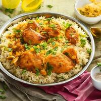 AI generated Gourmet chicken biryani with steamed basmati rice ai generated images photo