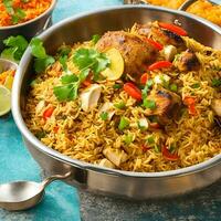 AI generated Gourmet chicken biryani with steamed basmati rice ai generated images photo