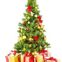 AI generated A Photo decorated christmas tree with gifts isolated on white background ai generated