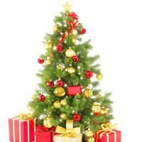 AI generated A Photo decorated christmas tree with gifts isolated on white background ai generated