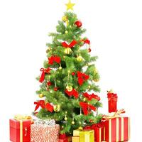 AI generated A Photo decorated christmas tree with gifts isolated on white background ai generated