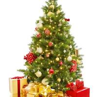 AI generated A Photo decorated christmas tree with gifts isolated on white background ai generated