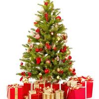 AI generated A Photo decorated christmas tree with gifts isolated on white background ai generated