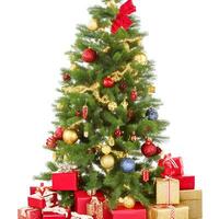 AI generated A Photo decorated christmas tree with gifts isolated on white background ai generated