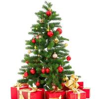 AI generated A Photo decorated christmas tree with gifts isolated on white background ai generated