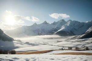 Winter scene capturing the essence of a pristine snow-covered valley nestled between majestic snow capped mountains. AI Generative photo