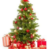 AI generated A Photo decorated christmas tree with gifts isolated on white background ai generated