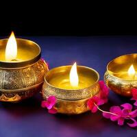 AI generated Traditional indian oil lamps for diwali festival on dark background. Traditional festival hindu ai generated photo