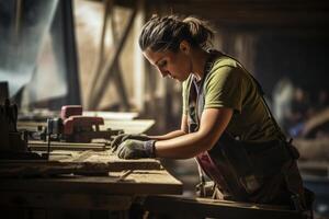 AI Generated. Carpenter working in a woodworking workshop. Selective focus. photo