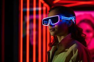 AI Generated. Woman with Augmented Reality Glasses in Neon Lights photo