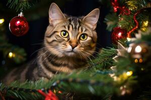 AI Generated. Cute tabby cat sitting on a Christmas tree and looking at the camera photo