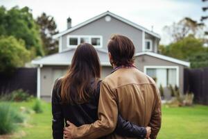 AI Generated. Rear view of couple embracing each other in front of new house photo