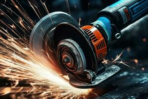 AI generated Angle Grinder at Work in Industrial Setting. Cutting Metal. Sparks Fly from Angle Grinder. Close-up. For banners, posters, advertisement brochures, business cards, design projects. photo