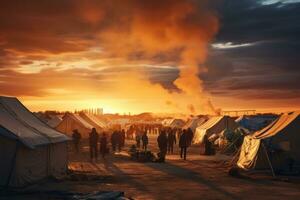 ai generado. puesta de sol terminado supervivencia un refugiado acampar en el abrazo de un ardiente oscuridad foto