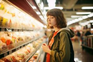 AI Generated. A girl in a supermarket chooses food. Selective focus photo