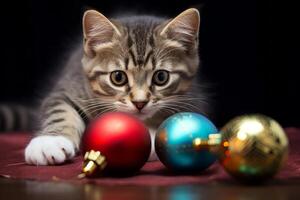 AI Generated. Cute tabby kitten with Christmas ornaments on dark background photo