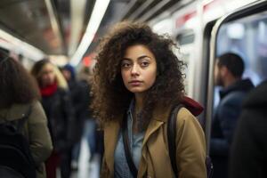 ai generado. retrato de un joven afro americano mujer con Rizado pelo en el subterraneo foto