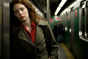 AI Generated. Young redhead woman in the subway. Shallow depth of field. photo