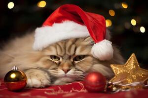 ai generado. persa gato en rojo Papa Noel sombrero y Navidad decoración en bokeh antecedentes foto