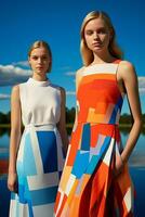 AI generated In a mesmerizing vibrant color ensemble inspired by geometry, two young Swedish girls posed. AI Generative photo