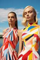 AI generated In a mesmerizing vibrant color ensemble inspired by geometry, two young Swedish girls posed AI Generative photo