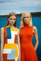 AI generated In a mesmerizing vibrant color ensemble inspired by geometry, two young Swedish girls posed. AI Generative photo