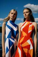 AI generated In a mesmerizing vibrant color ensemble inspired by geometry, two young Swedish girls posed. AI Generative photo