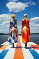AI generated In a mesmerizing vibrant color ensemble inspired by geometry, two young Swedish girls posed. AI Generative photo