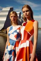 AI generated In a mesmerizing vibrant color ensemble inspired by geometry, two young Swedish girls posed. AI Generative photo