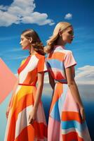 AI generated In a mesmerizing vibrant color ensemble inspired by geometry, two young Swedish girls posed. AI Generative photo