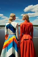 AI generated In a mesmerizing vibrant color ensemble inspired by geometry, two young Swedish girls posed. AI Generative photo
