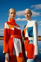 AI generated In a mesmerizing vibrant color ensemble inspired by geometry, two young Swedish girls posed. AI Generative photo