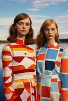 AI generated In a mesmerizing vibrant color ensemble inspired by geometry, two young Swedish girls posed. AI Generative photo