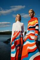 AI generated In a mesmerizing vibrant color ensemble inspired by geometry, two young Swedish girls posed. AI Generative photo