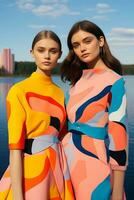 AI generated In a mesmerizing vibrant color ensemble inspired by geometry, two young Swedish girls posed. AI Generative photo