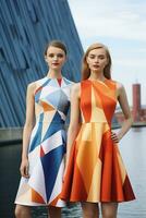 AI generated In a mesmerizing vibrant color ensemble inspired by geometry, two young Swedish girls posed. AI Generative photo