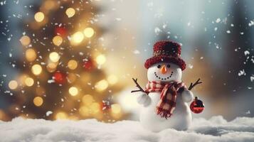 AI generated a snowman with a red hat and scarf in front of a christmas tree photo