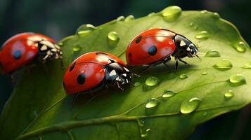 AI generated three ladybugs on a leaf with water droplets photo