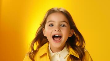 ai generado un pequeño niña es sonriente y riendo en frente de un amarillo antecedentes foto