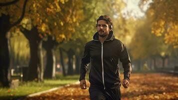 AI generated a man jogging in the park in the fall photo