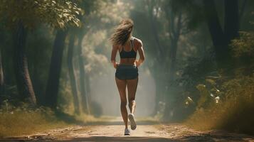 AI generated a woman running in the woods photo