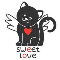 un negro gato con ángel alas. un grande rojo corazón en su pecho. vector imagen para postales, pegatinas