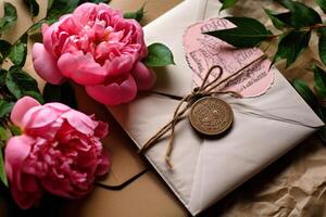 AI Generated. Vintage Love Letter with Pink Peonies photo